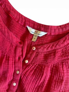 VINEYARD VINES Gauze Textured Button-Front Short Sleeve Top - Red